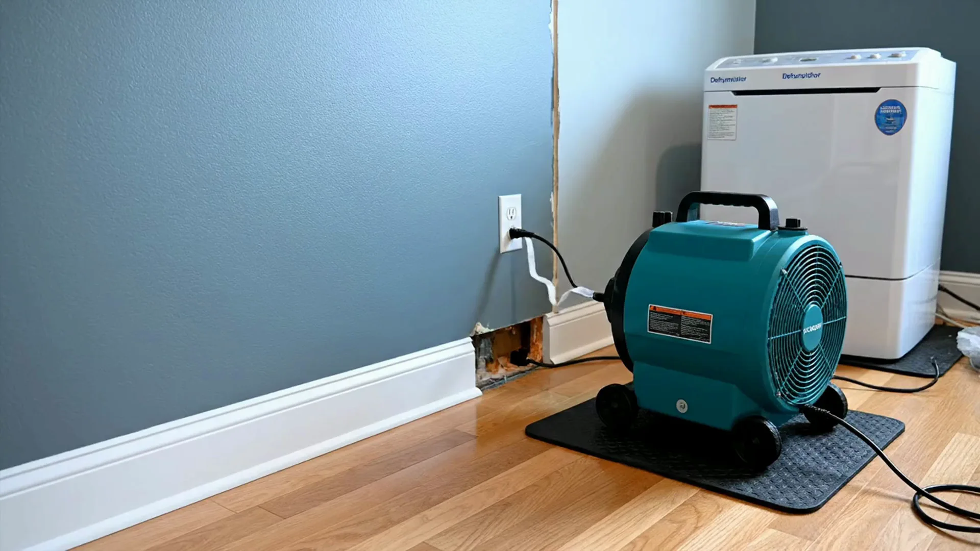Professional drying equipment in a residential room after water damage